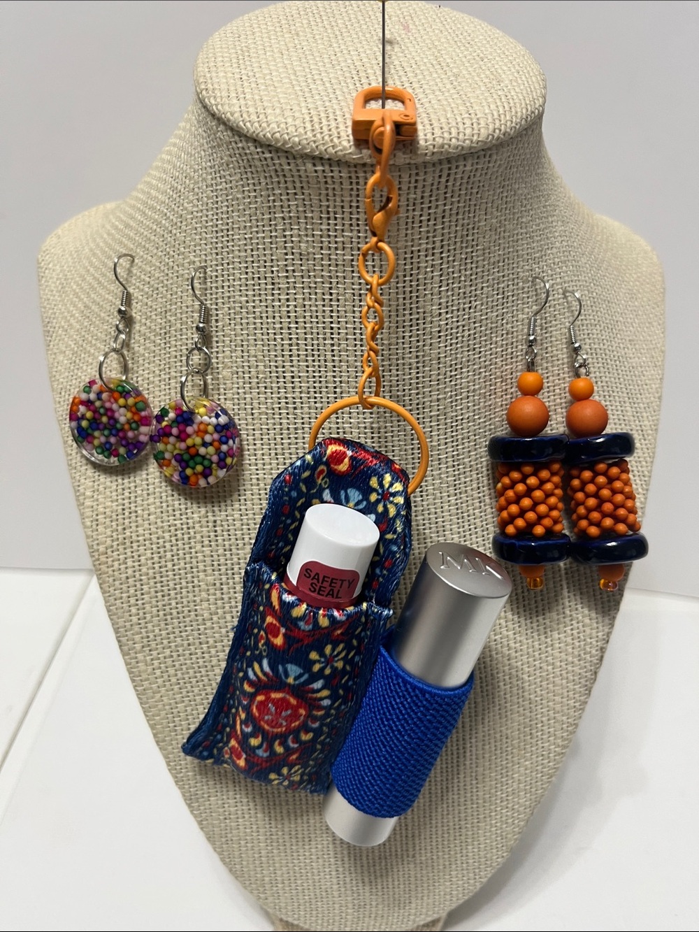 Gift Set OrangeBlue Floral Double Lip Balm Holder Keychain Purse Charm 2 Earring